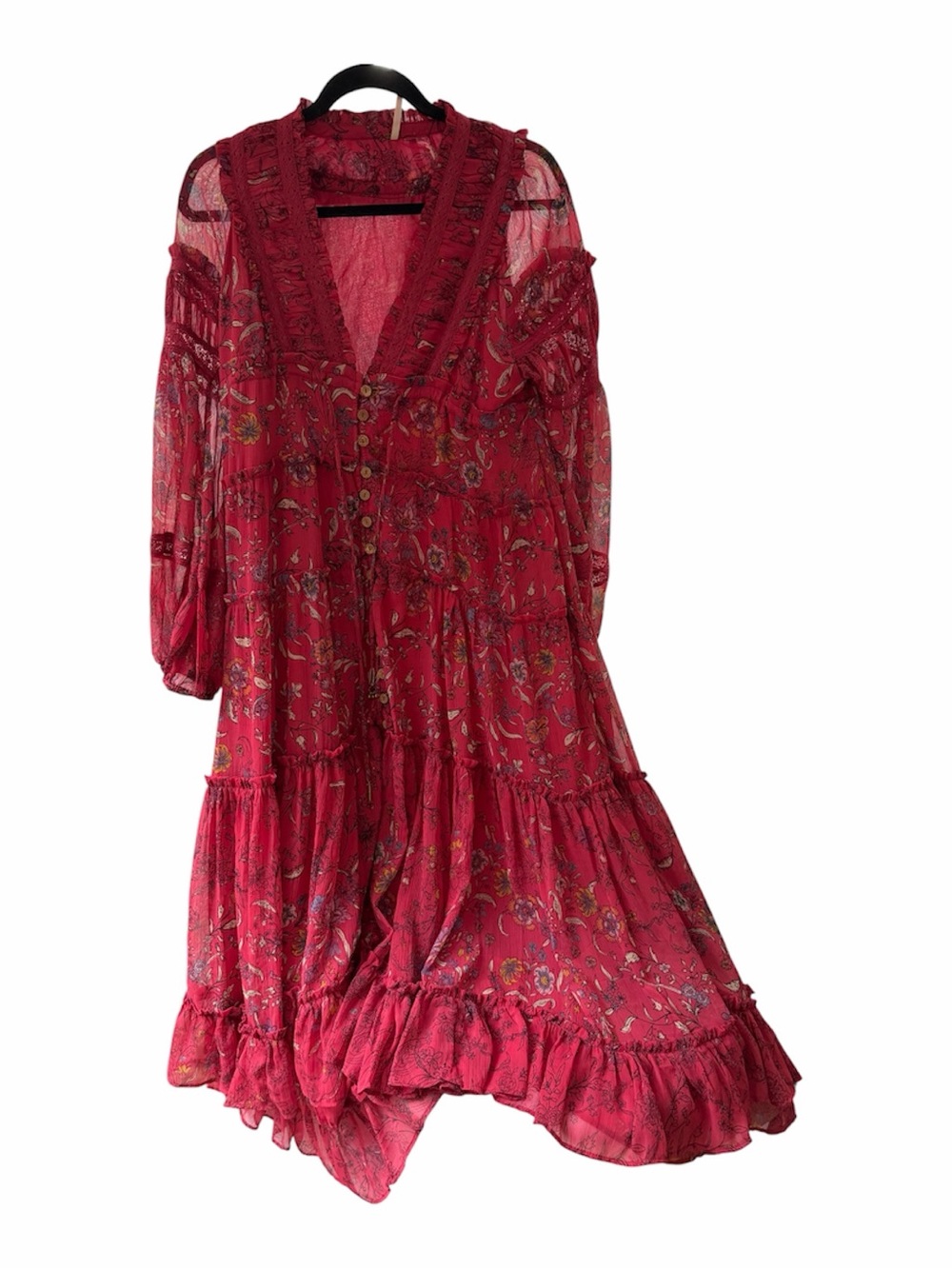 Free People Cassis Printed Chiffon Dress Red Floral Tiered Boho Maxi XS